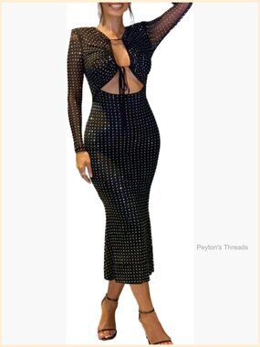 Sparkly Sequin Mesh Long Sleeve Cut Out Lace Up Bodycon Midi Dress